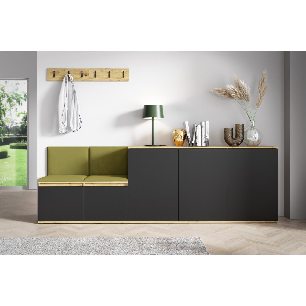 Eka Předsíňová stěna s čalouněnými panely Trinity 35 - Dub Artisan s černou / Khaki zelená 2327