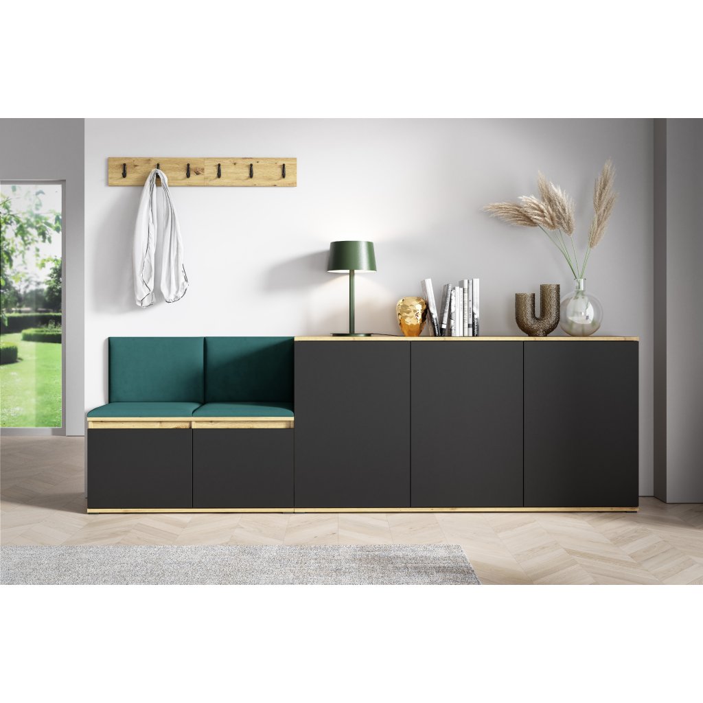 Eka Předsíňová stěna s čalouněnými panely Trinity 35 - Dub Artisan s černou / Tmavá zelená 2328