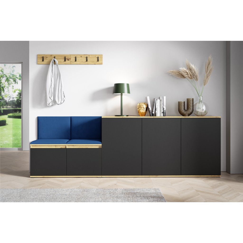 Eka Předsíňová stěna s čalouněnými panely Trinity 35 - Dub Artisan s černou / Tmavá modrá 2331