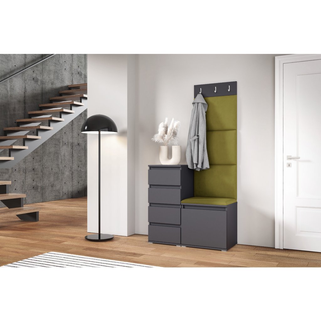 Eka Předsíňová stěna s čalouněnými panely Trinity 36 - Grafit / Khaki zelená 2327