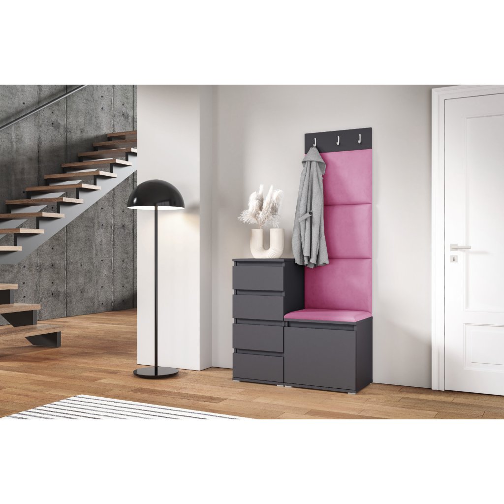 Eka Předsíňová stěna s čalouněnými panely Trinity 36 - Grafit / Růžová 2310