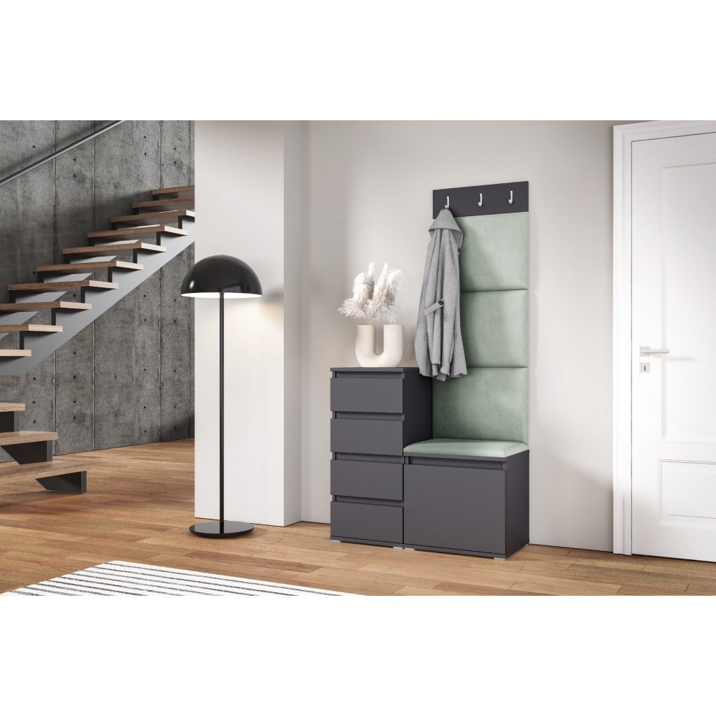 Eka Předsíňová stěna s čalouněnými panely Trinity 36 - Grafit / Světlá zelená 2321