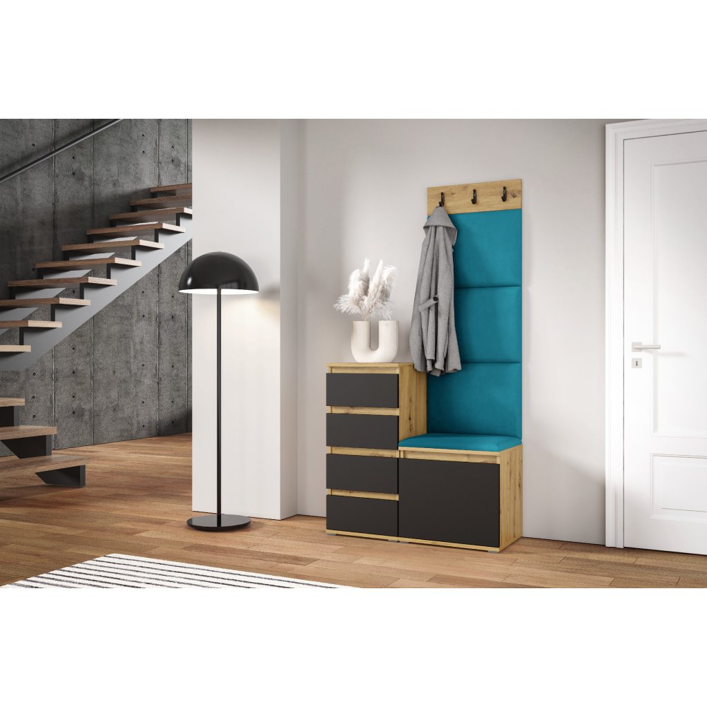 Eka Předsíňová stěna s čalouněnými panely Trinity 36 - Dub Artisan s černou / Azurová 2313