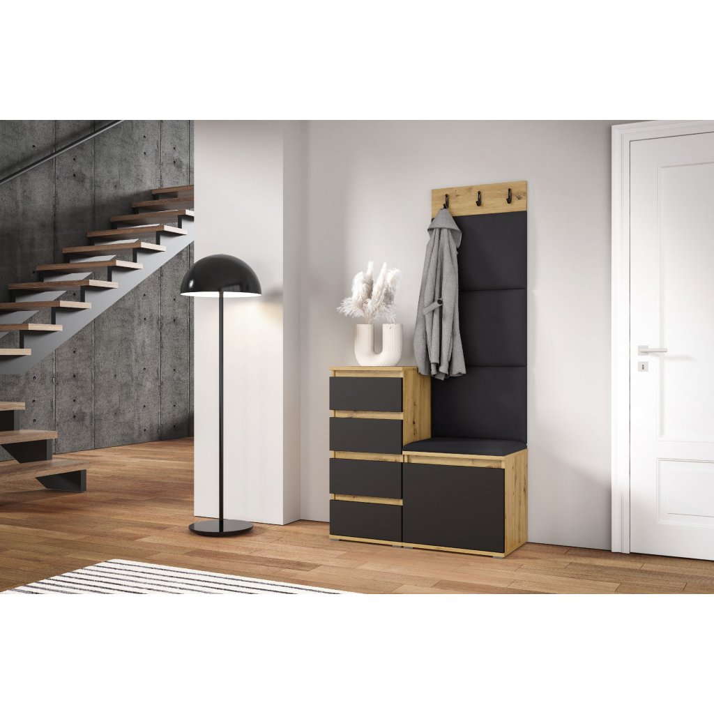 Eka Předsíňová stěna s čalouněnými panely Trinity 36 - Dub Artisan s černou / Černá 2316