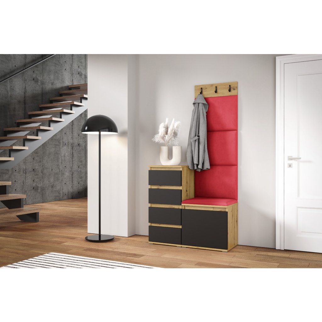 Eka Předsíňová stěna s čalouněnými panely Trinity 36 - Dub Artisan s černou / Červená 2309