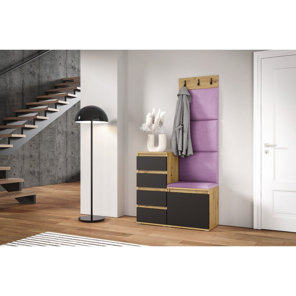 Eka Předsíňová stěna s čalouněnými panely Trinity 36 - Dub Artisan s černou / Fialová 2311