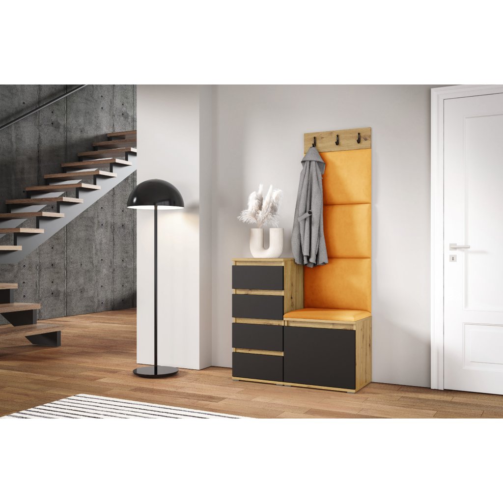Eka Předsíňová stěna s čalouněnými panely Trinity 36 - Dub Artisan s černou / Hořčicová 2326