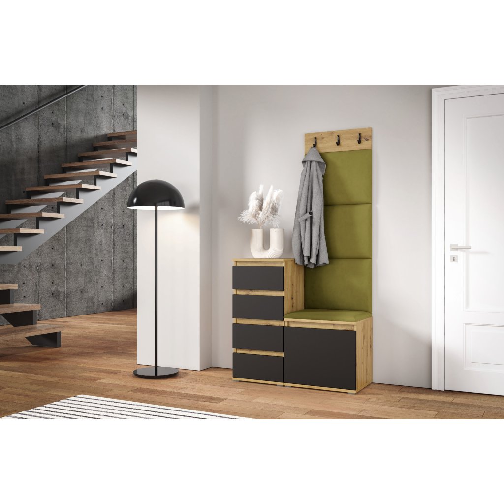 Eka Předsíňová stěna s čalouněnými panely Trinity 36 - Dub Artisan s černou / Khaki zelená 2327