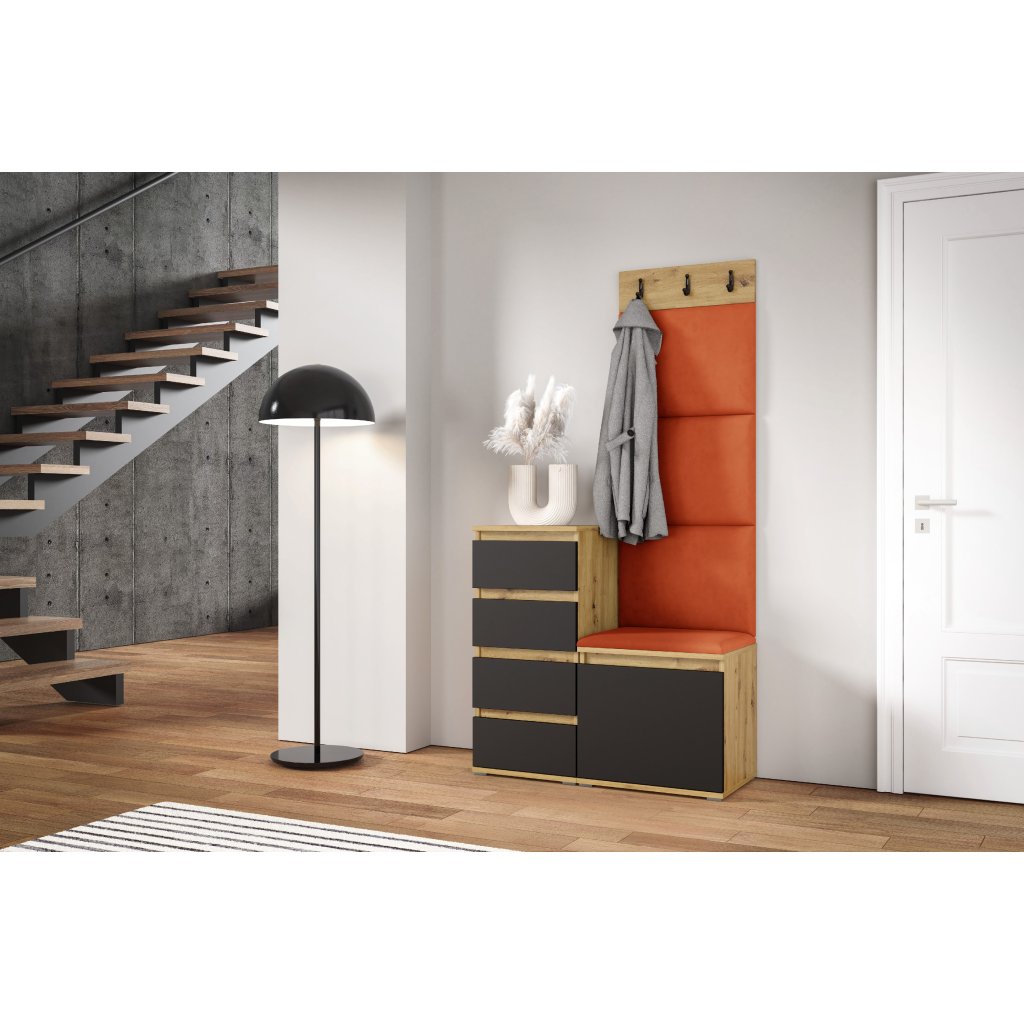 Eka Předsíňová stěna s čalouněnými panely Trinity 36 - Dub Artisan s černou / Okrová 2325