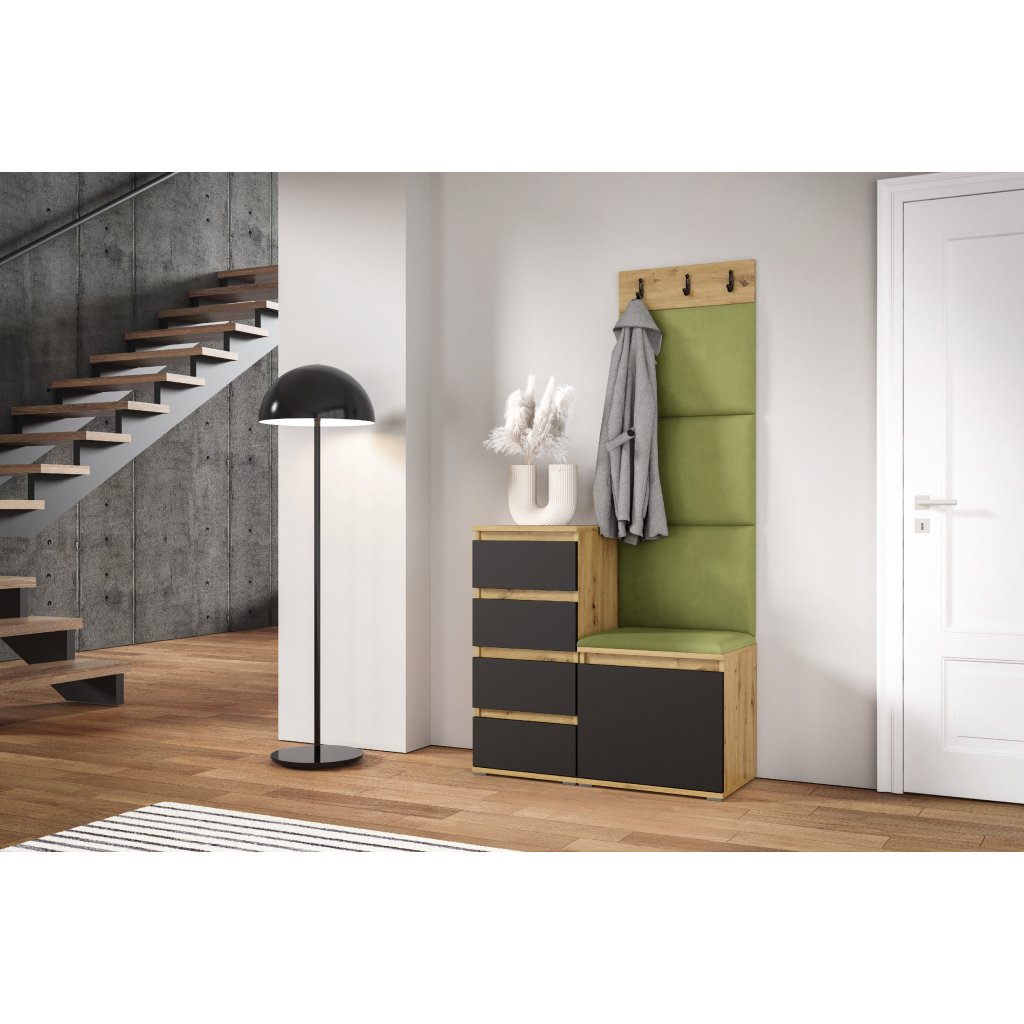 Eka Předsíňová stěna s čalouněnými panely Trinity 36 - Dub Artisan s černou / Olivová 2312