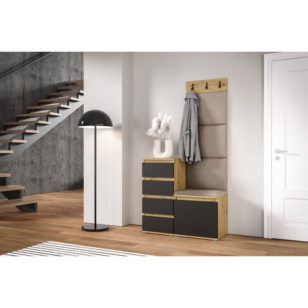 Eka Předsíňová stěna s čalouněnými panely Trinity 36 - Dub Artisan s černou / Světlá béžová 2303