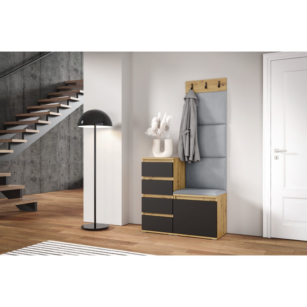 Eka Předsíňová stěna s čalouněnými panely Trinity 36 - Dub Artisan s černou / Šedá 2314