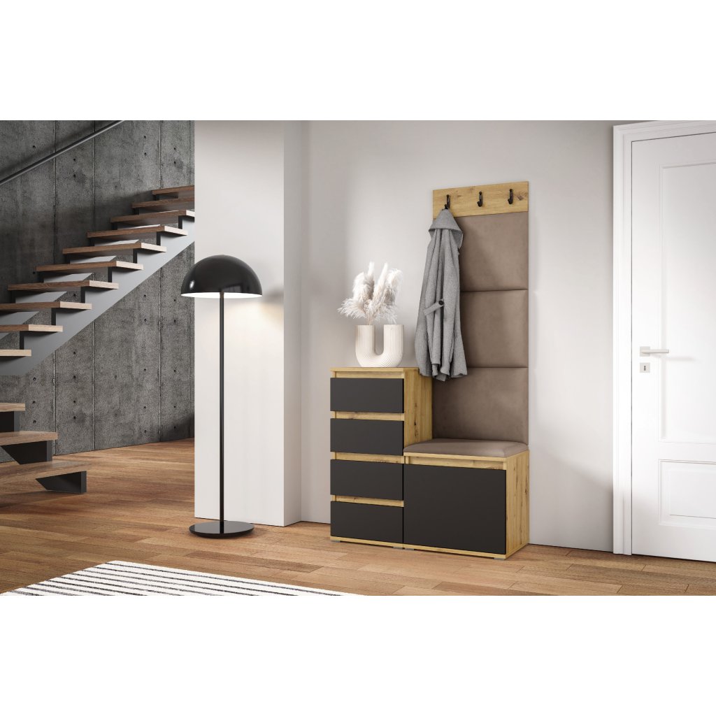 Eka Předsíňová stěna s čalouněnými panely Trinity 36 - Dub Artisan s černou / Tmavá béžová 2305