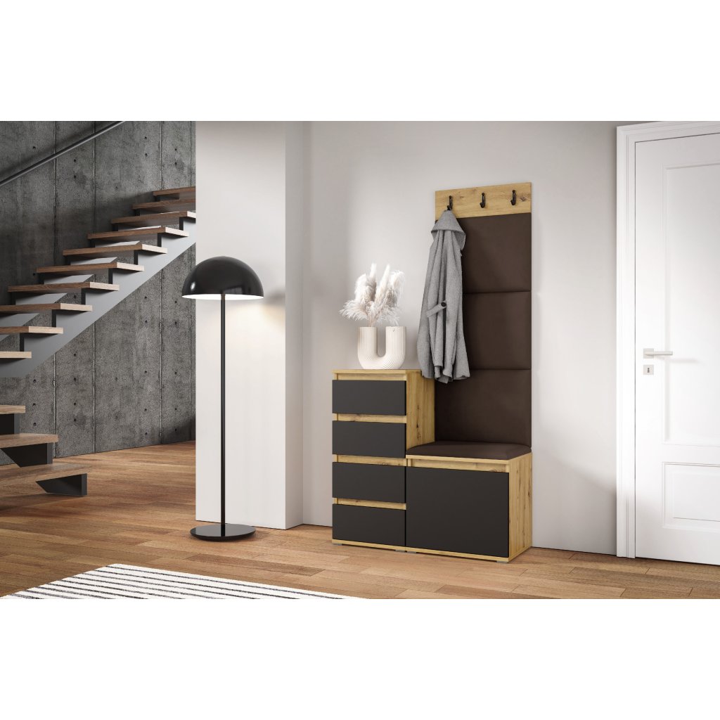 Eka Předsíňová stěna s čalouněnými panely Trinity 36 - Dub Artisan s černou / Tmavá hnědá 2308