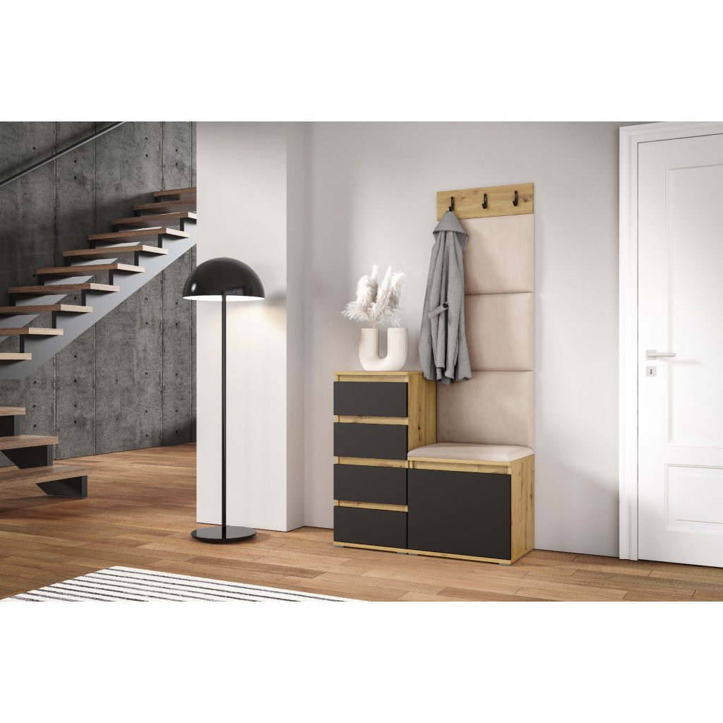 Eka Předsíňová stěna s čalouněnými panely Trinity 36 - Dub Artisan s černou / Tmavá krémová 2302