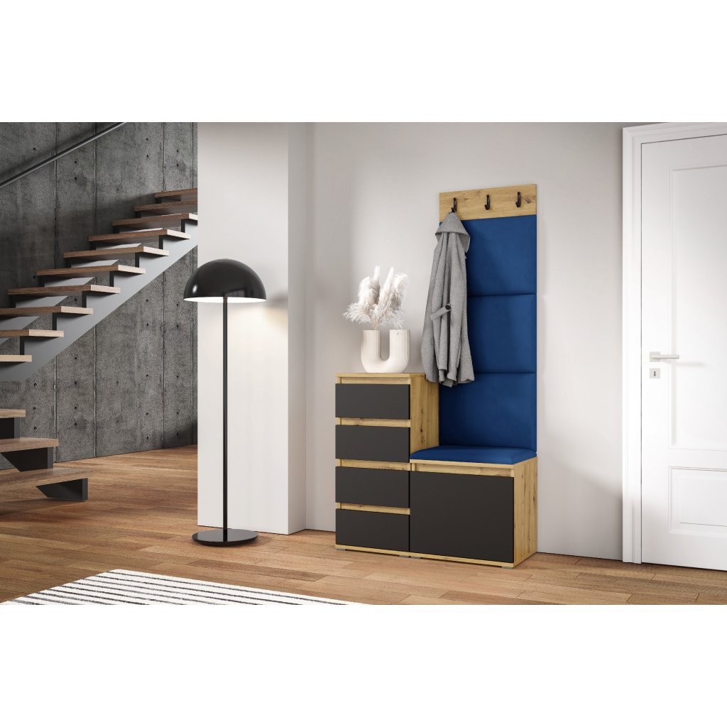 Eka Předsíňová stěna s čalouněnými panely Trinity 36 - Dub Artisan s černou / Tmavá modrá 2331