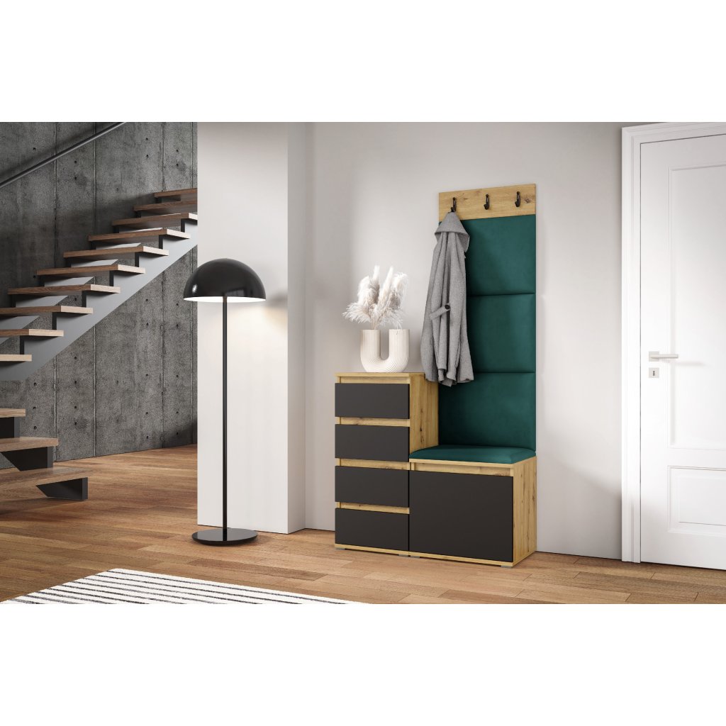 Eka Předsíňová stěna s čalouněnými panely Trinity 36 - Dub Artisan s černou / Tmavá zelená 2328