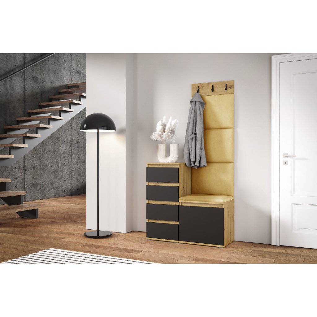 Eka Předsíňová stěna s čalouněnými panely Trinity 36 - Dub Artisan s černou / Žlutá 2318