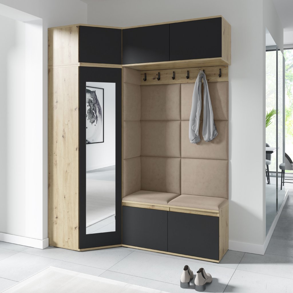 Eka Předsíňová stěna s čalouněnými panely Trinity 38 - Dub Artisan s černou / Světlá béžová 2303