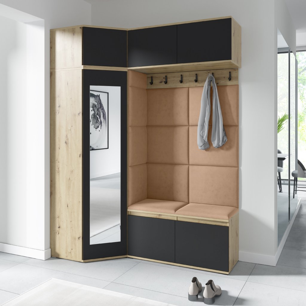 Eka Předsíňová stěna s čalouněnými panely Trinity 38 - Dub Artisan s černou / Béžová 2304