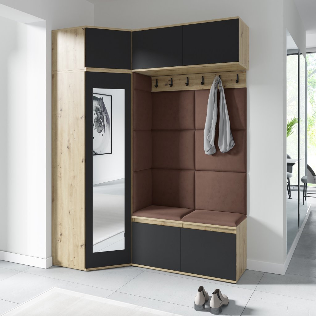 Eka Předsíňová stěna s čalouněnými panely Trinity 38 - Dub Artisan s černou / Hnědá 2307