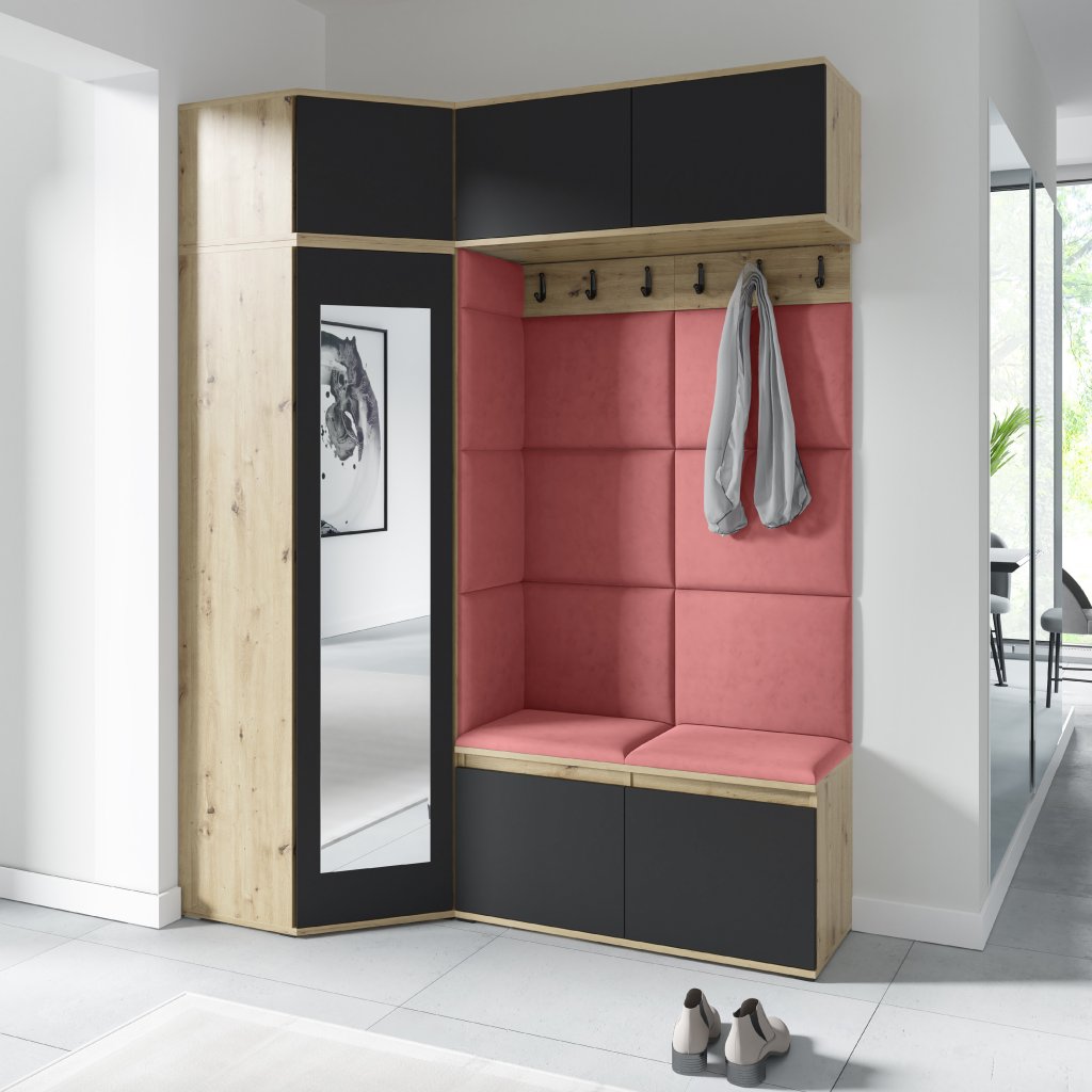 Eka Předsíňová stěna s čalouněnými panely Trinity 38 - Dub Artisan s černou / Tmavá růžová 2323