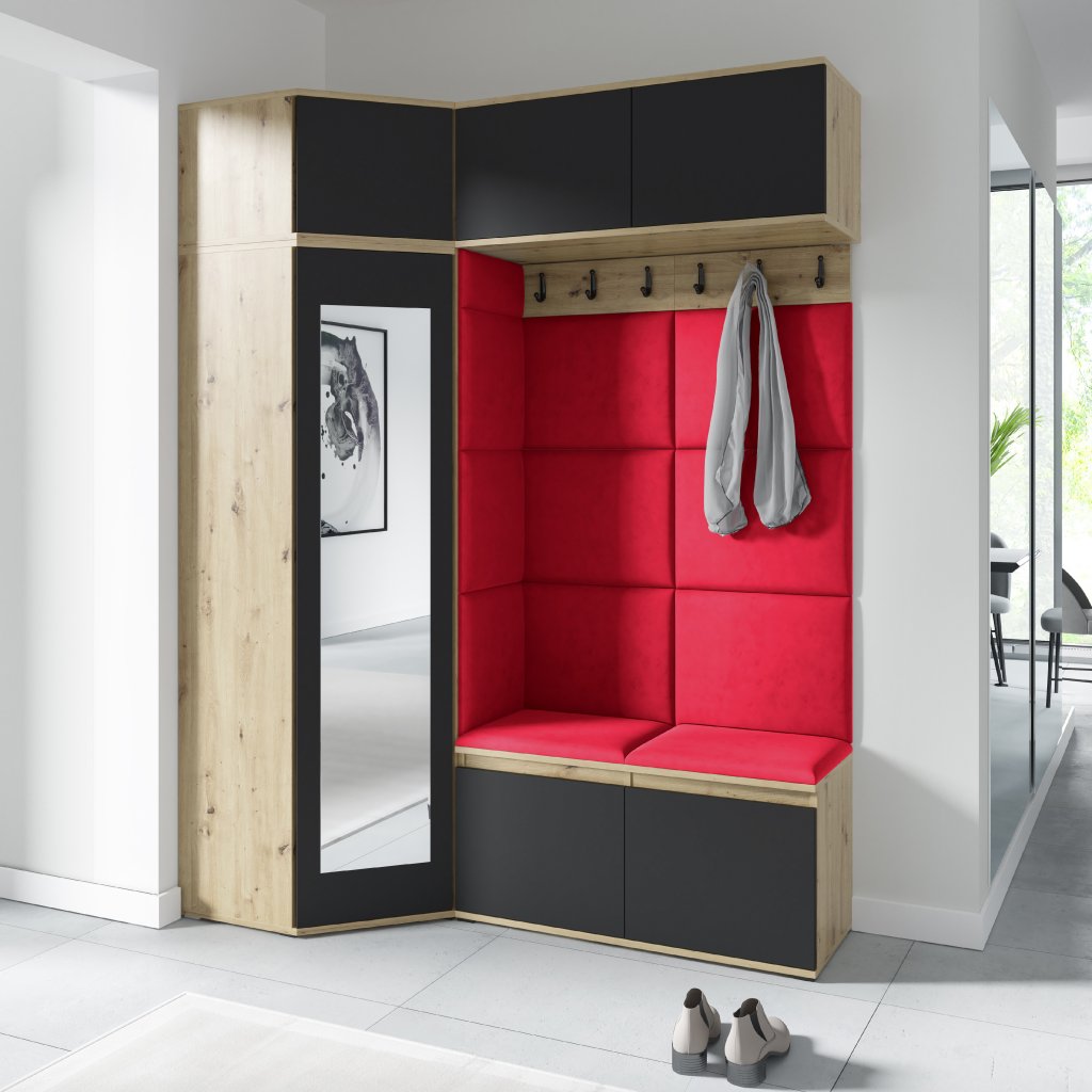 Eka Předsíňová stěna s čalouněnými panely Trinity 38 - Dub Artisan s černou / Rubínová 2324