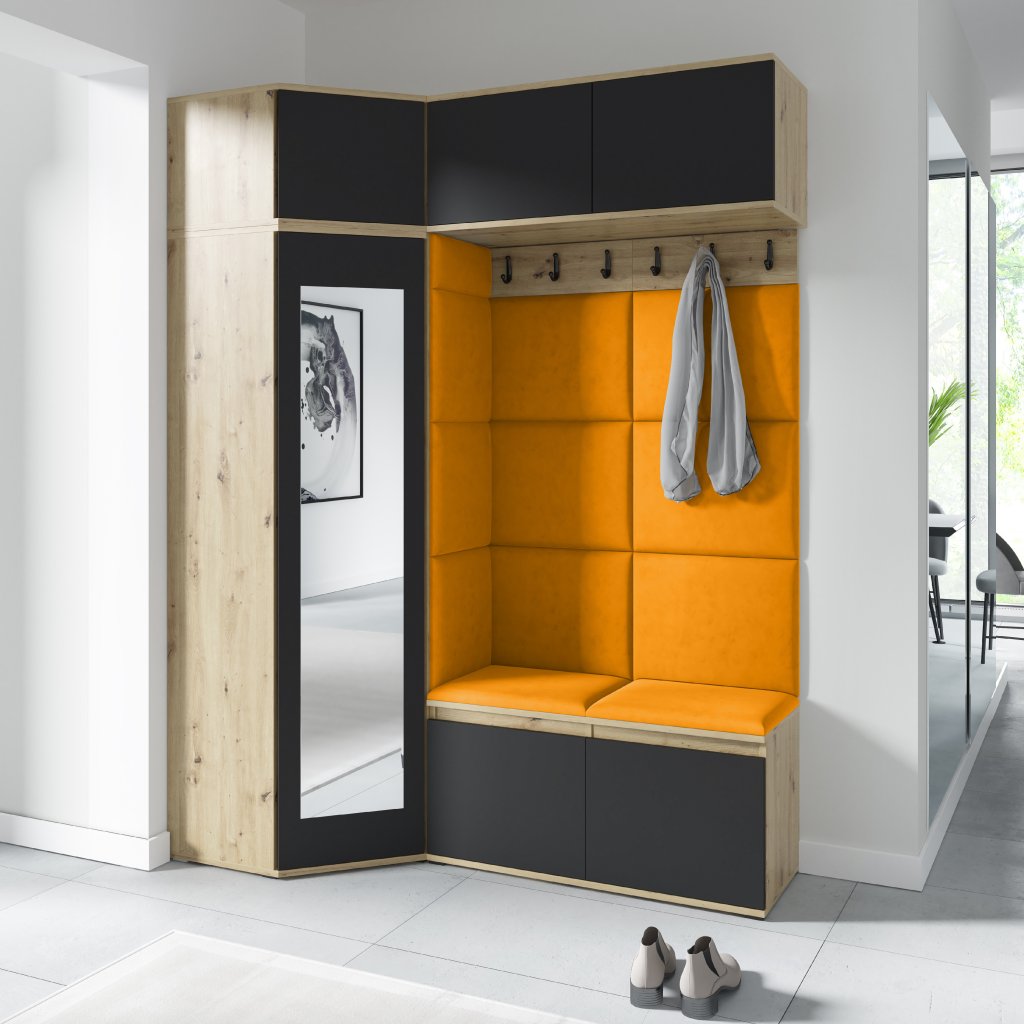 Eka Předsíňová stěna s čalouněnými panely Trinity 38 - Dub Artisan s černou / Hořčicová 2326
