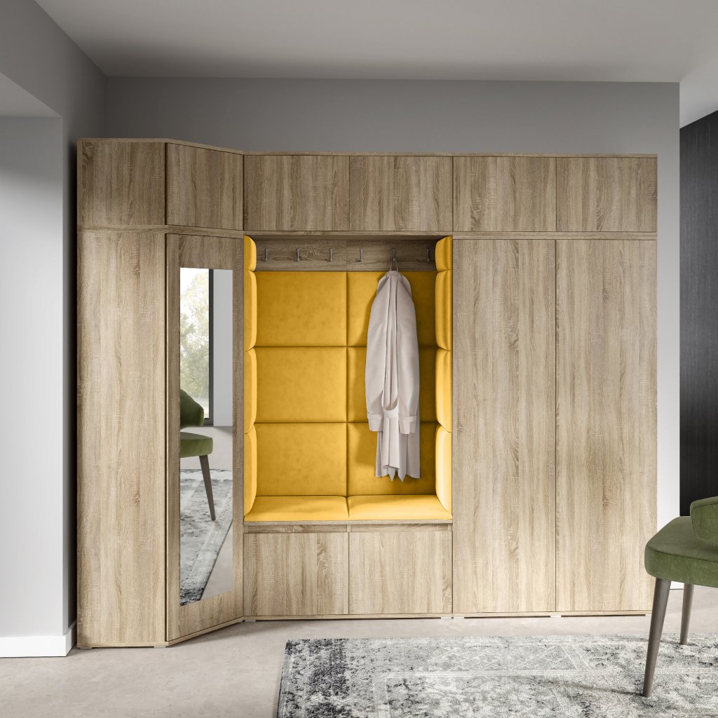 Eka Předsíňová stěna s čalouněnými panely Trinity 39 - Sonoma / Žlutá 2318