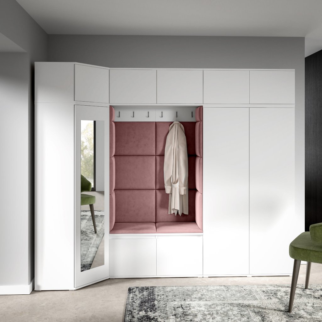 Eka Předsíňová stěna s čalouněnými panely Trinity 39 - Bílá / Tmavá růžová 2323