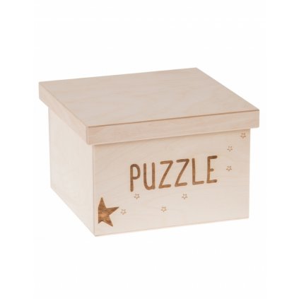 Dřevěný box na hračky - Puzzle gravír 20x20x15 cm, Přírodní