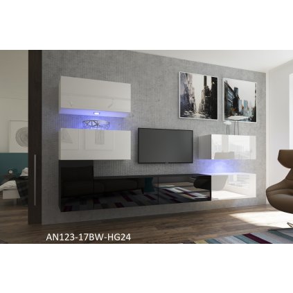 Obývací stěna NEVADA 7, 302 cm - Bílo/černý lesk