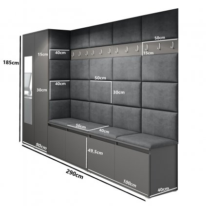 Předsíňová stěna s čalouněnými panely Trinity 9 - Grafit / Světlá béžová 2303