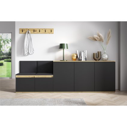 Předsíňová stěna s čalouněnými panely Trinity 35 - Dub Artisan s černou / Černá 2316