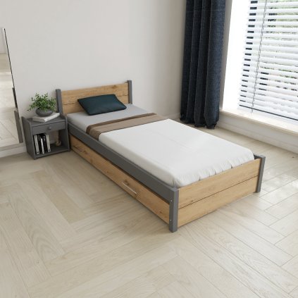 Postel z masivu Iris Double 80x200 cm, GRAFIT/Dub Artisan