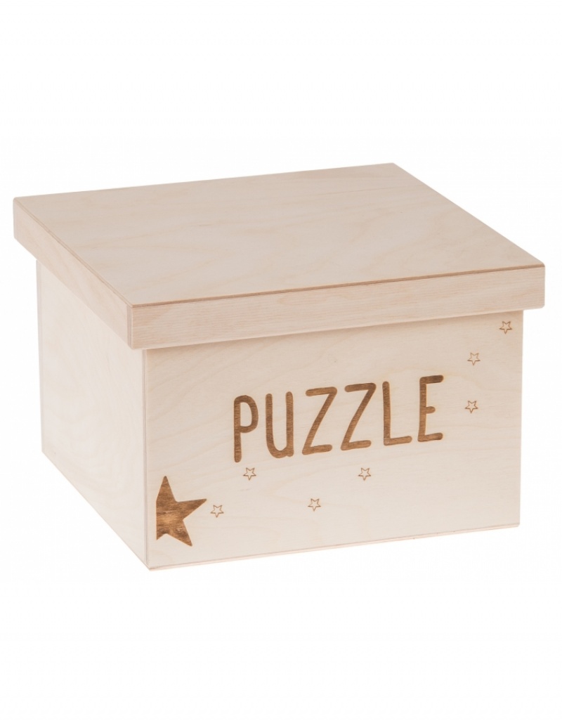 FK Dřevěný box na hračky - Puzzle gravír 20x20x15 cm, Přírodní