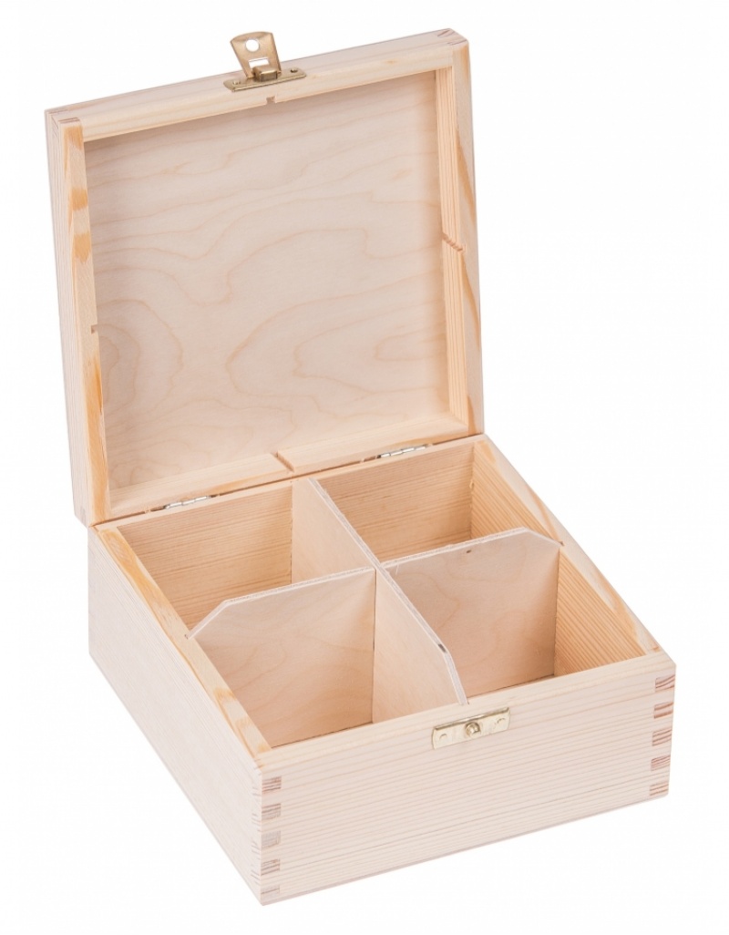 Levně FK Dřevěná krabička na čaj s přihrádkami, se zámkem - 16x16x8 cm , Přírodní