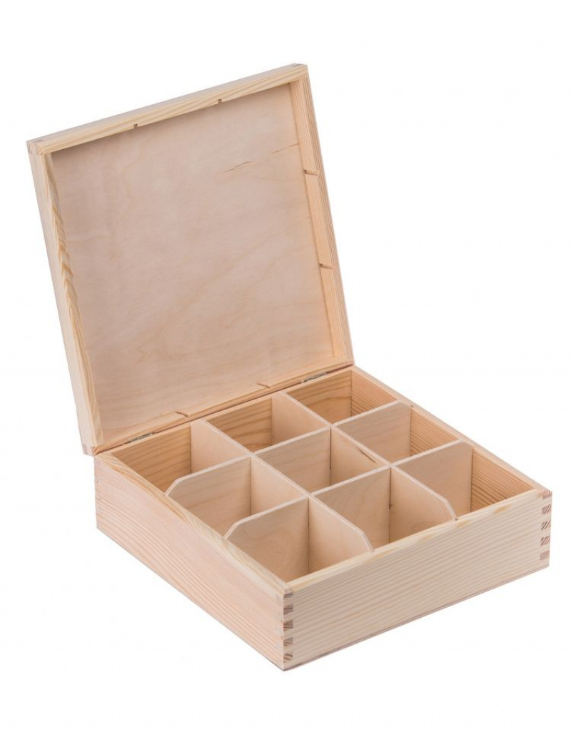 Levně FK Dřevěná krabička na čaj s přihrádkami - 23x23x9 cm, Přírodní