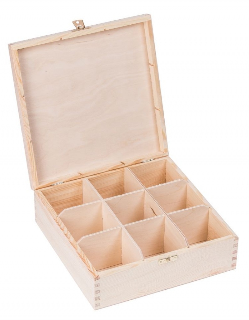 FK Dřevěná krabička na čaj s přihrádkami, se zámkem - 23x23x9 cm, Přírodní