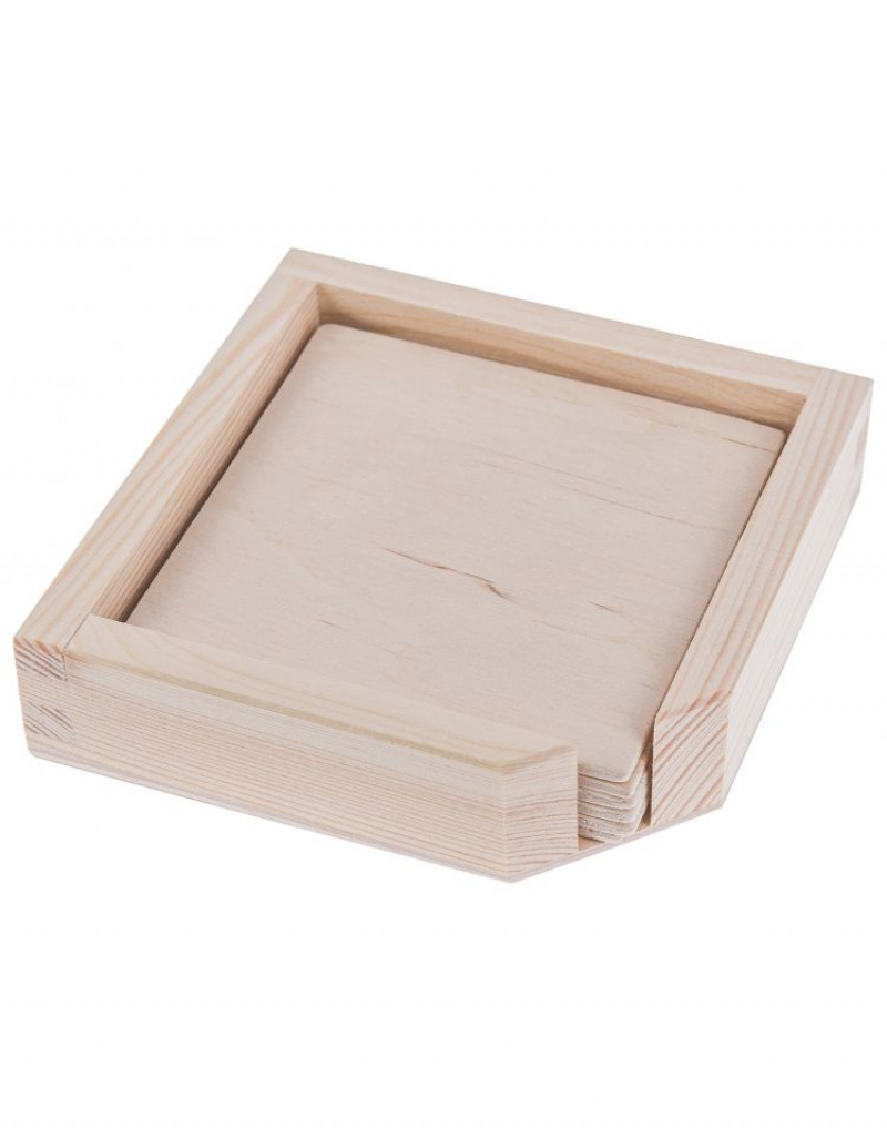 Levně FK Dřevěná krabička na podtácky + 6 podtácků - Přírodní 12x12x3 cm