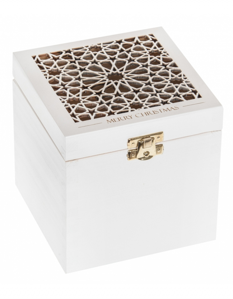 FK Dřevěná krabička Merry Christmas - 14x14x14 cm, Bílá