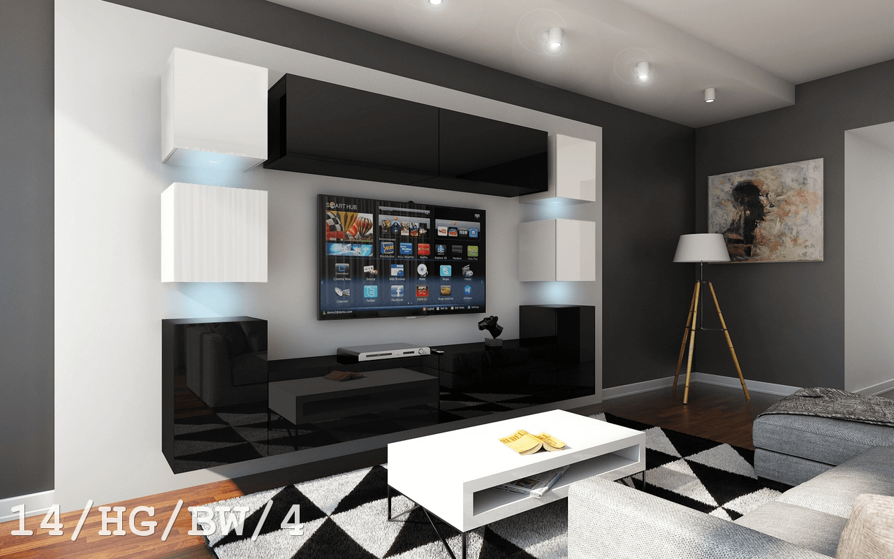 Ral Obývací stěna FRANCE 3, 256 cm - Černo-bílý lesk