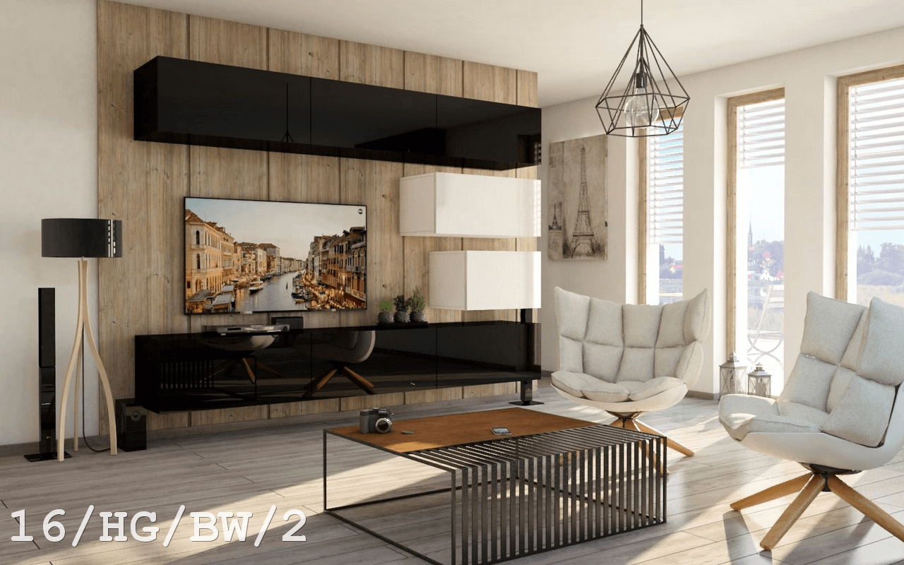 Ral Obývací stěna JUPITER 3, 249 cm - Černo/bílý lesk