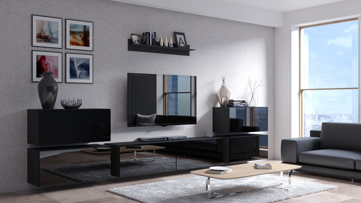 Ral Obývací stěna KALIFORNIE 3, 352 cm - Černý lesk