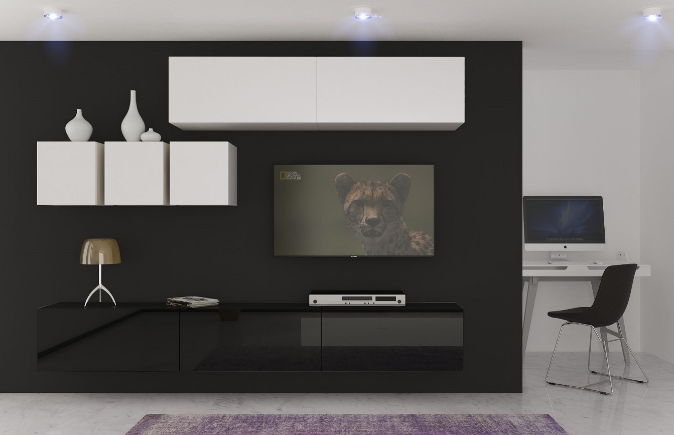 Levně Ral Obývací stěna VIRGINIE 1, 249 cm - Bílá/Černý lesk
