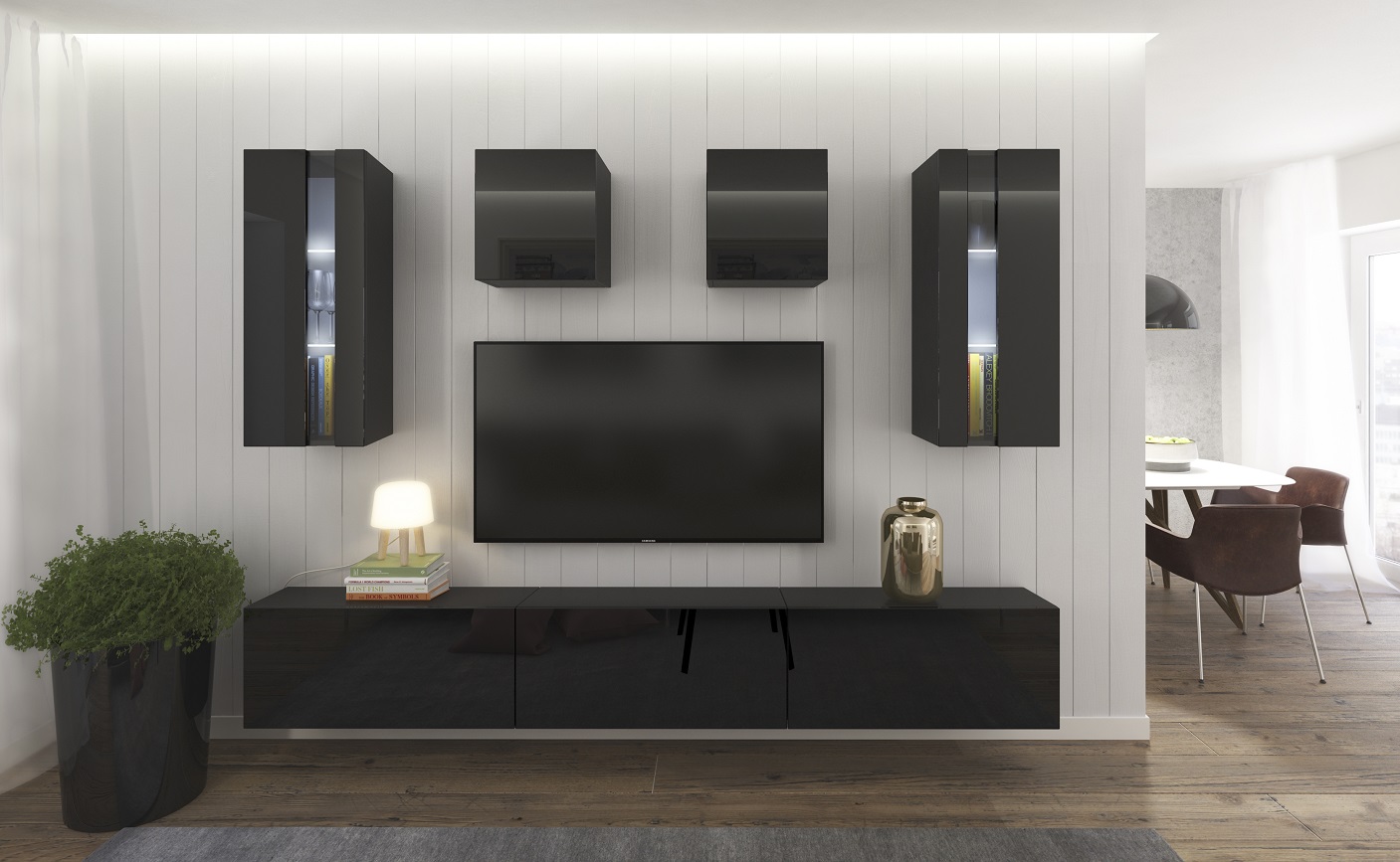 Ral Obývací stěna SEATTLE 6, 273 cm - Černý lesk