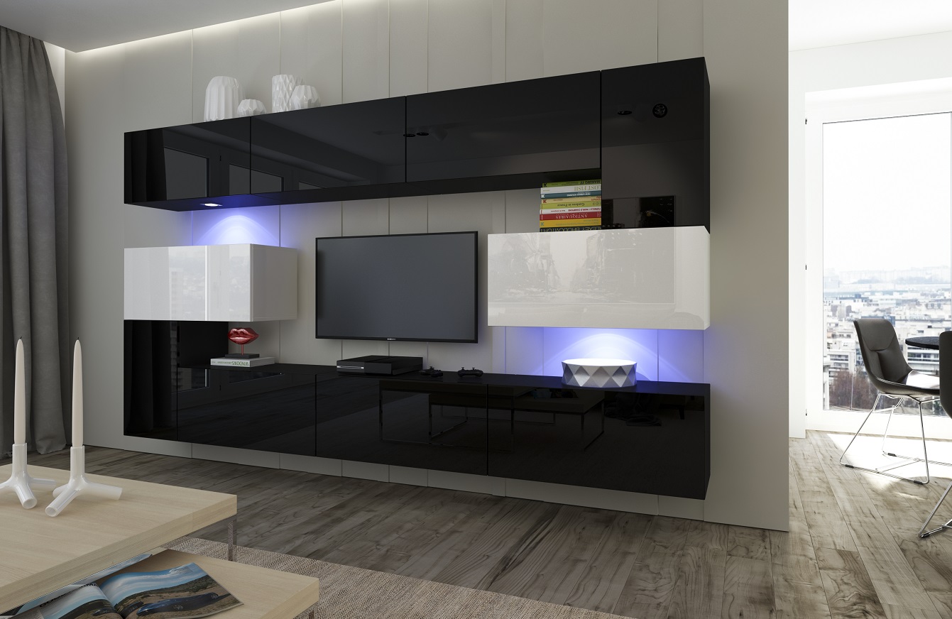 Ral Obývací stěna SIMBA 5, 263 cm - Černo/bílý lesk