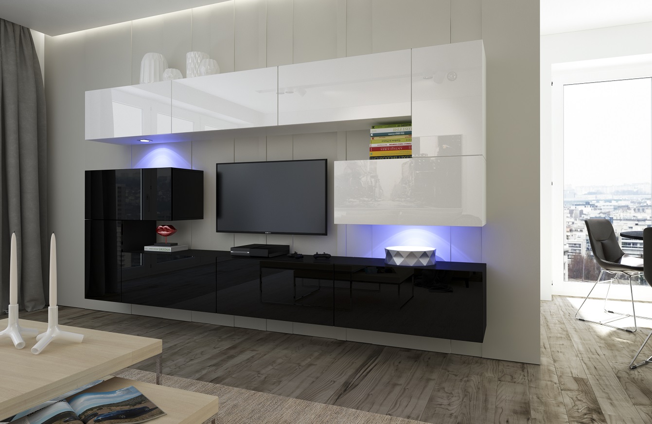 Ral Obývací stěna SIMBA 10, 263 cm - Bílo/černý lesk