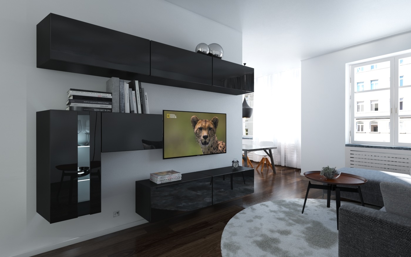 Ral Obývací stěna ELA 5, 265 cm - Černý  lesk