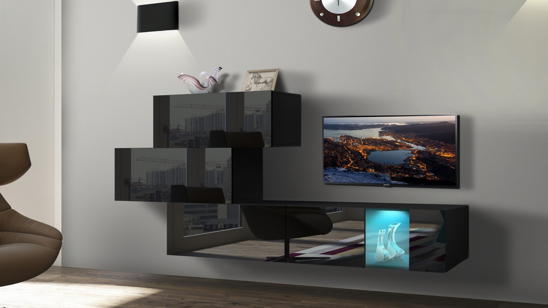 Ral Obývací stěna ELSA 2, 214 cm - Černý lesk